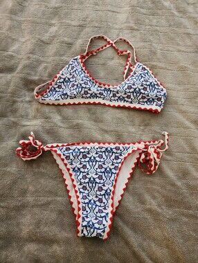 Red-Trim Blue & White Patterned Bikini Set
